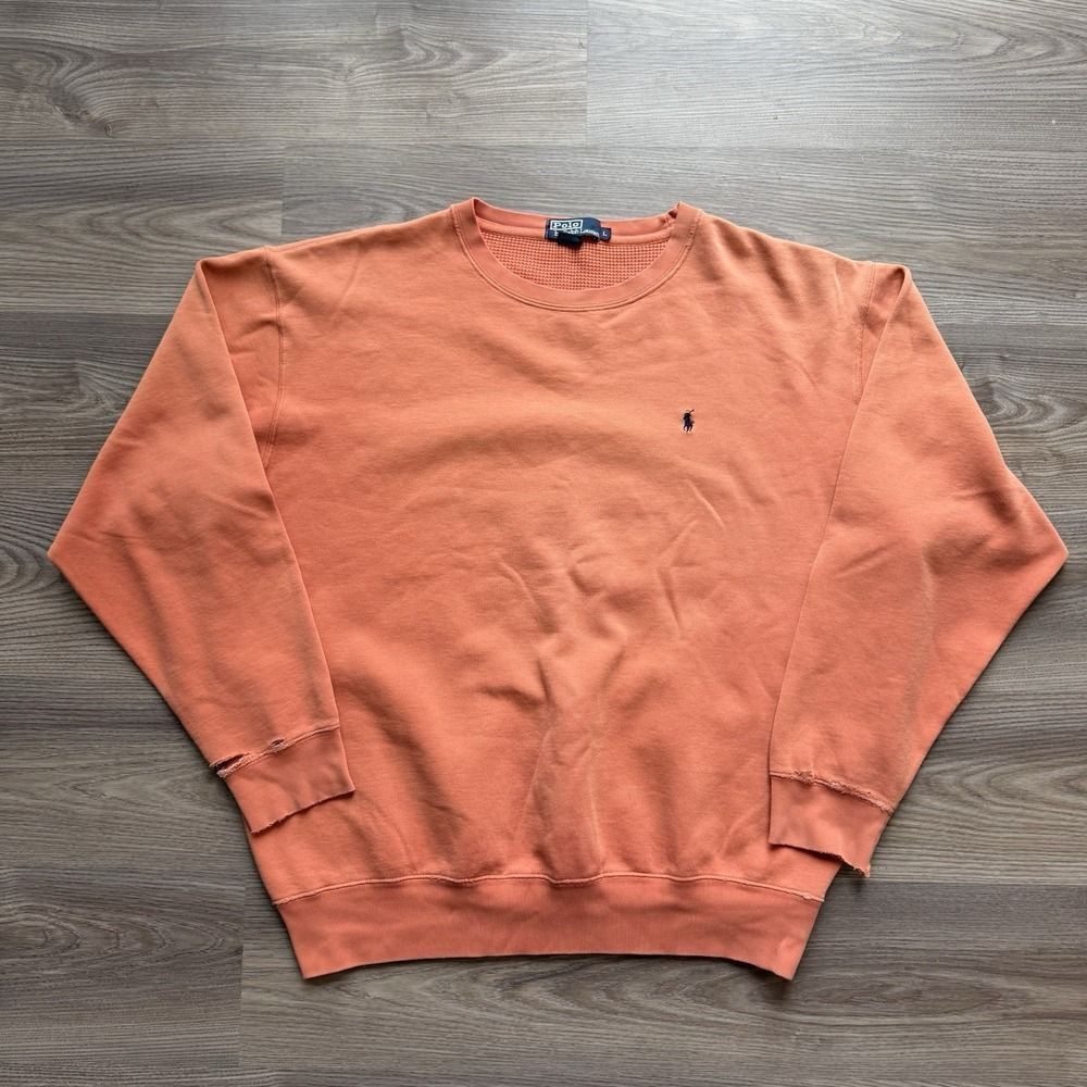 Vintage 90s Polo Ralph Lauren Faded Orange Distressed Pullover Crewneck Mens L